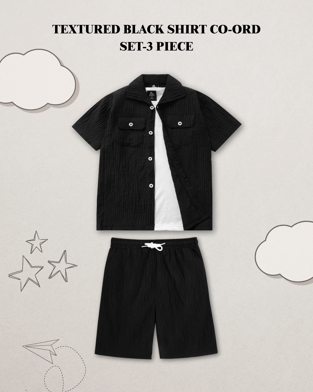 TEXTURED BLACK SHIRT CO-ORD SET-3 PIECE