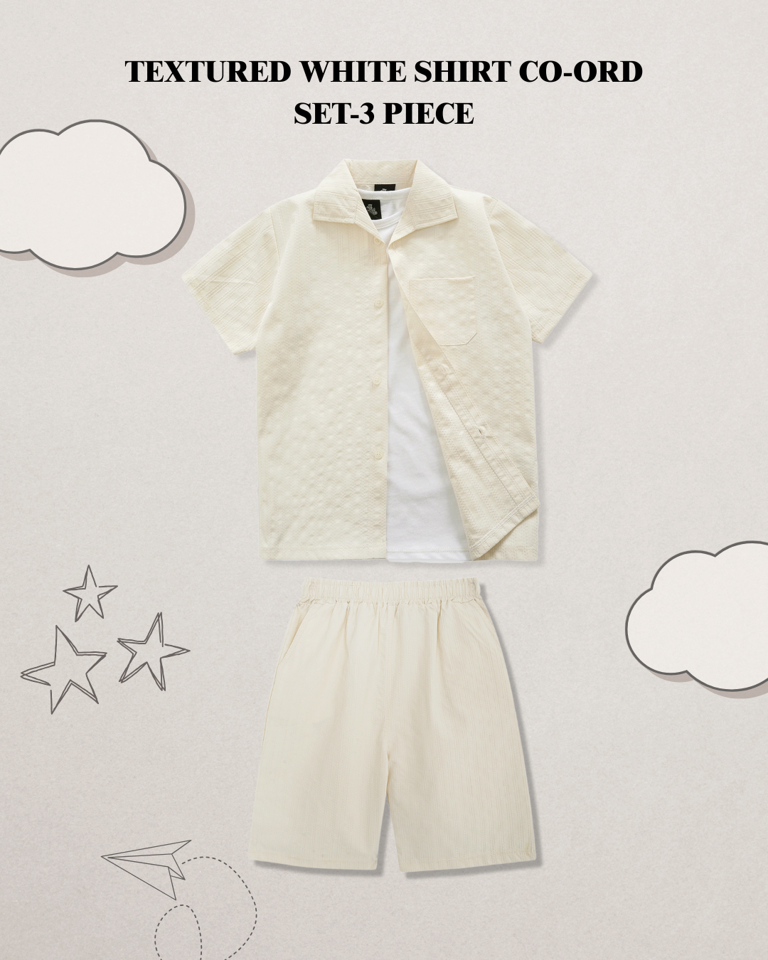 TEXTURED OFF WHITE SHIRT CO-ORD SET-3 PIECE