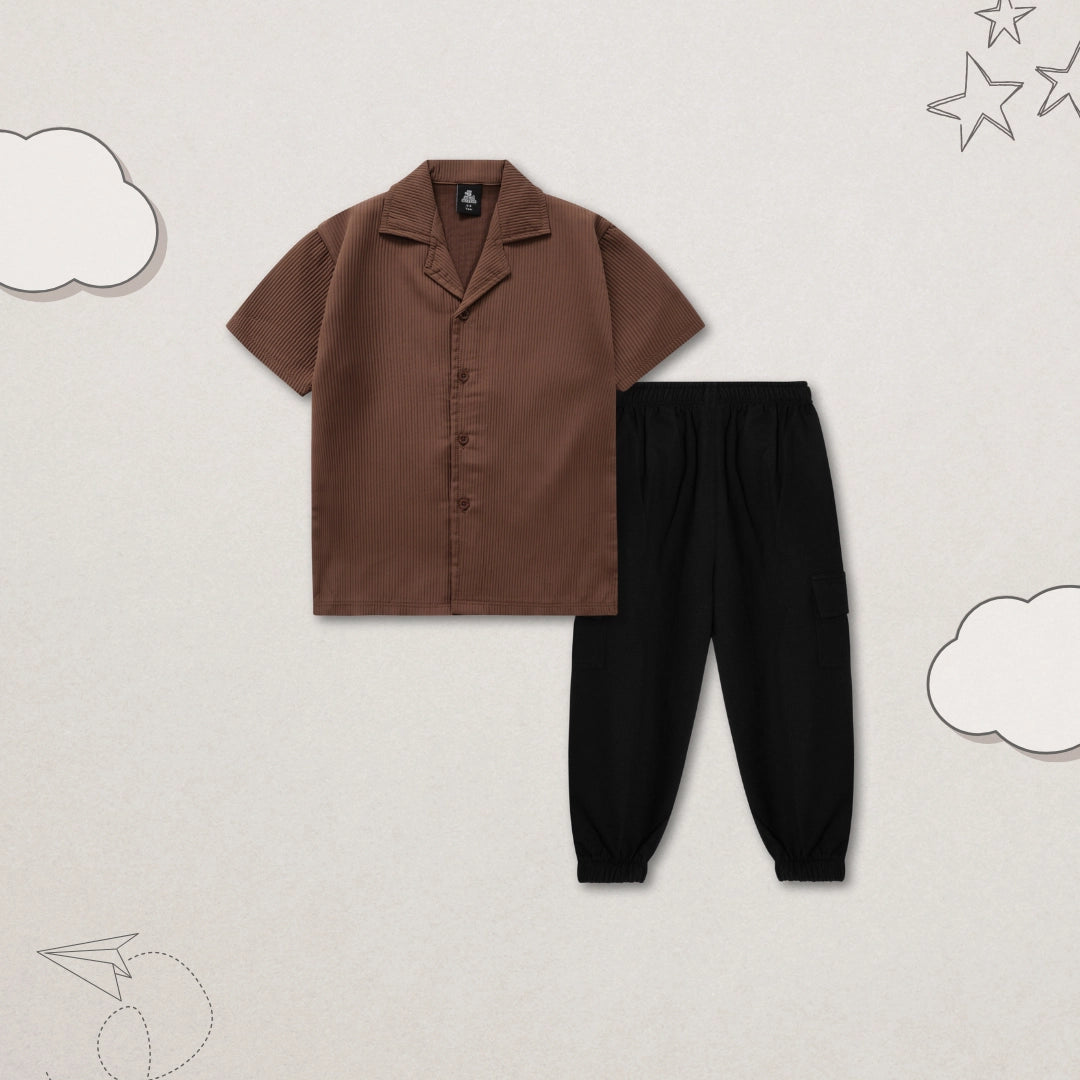 TEXTURED BROWN CUBAN SHIRT CO-ORD SET