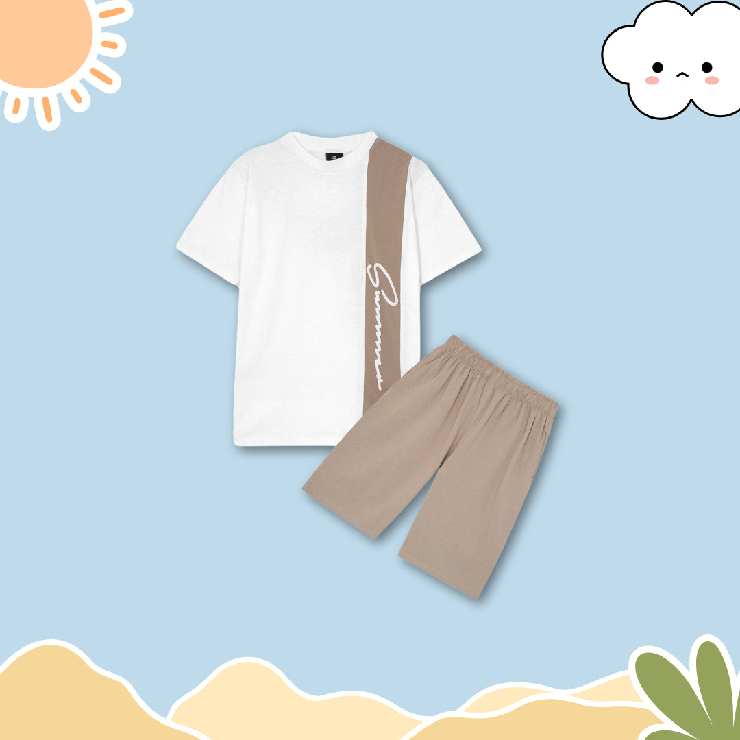 WHITE AND BEIGE PANEL SUMMER CO-ORD SET