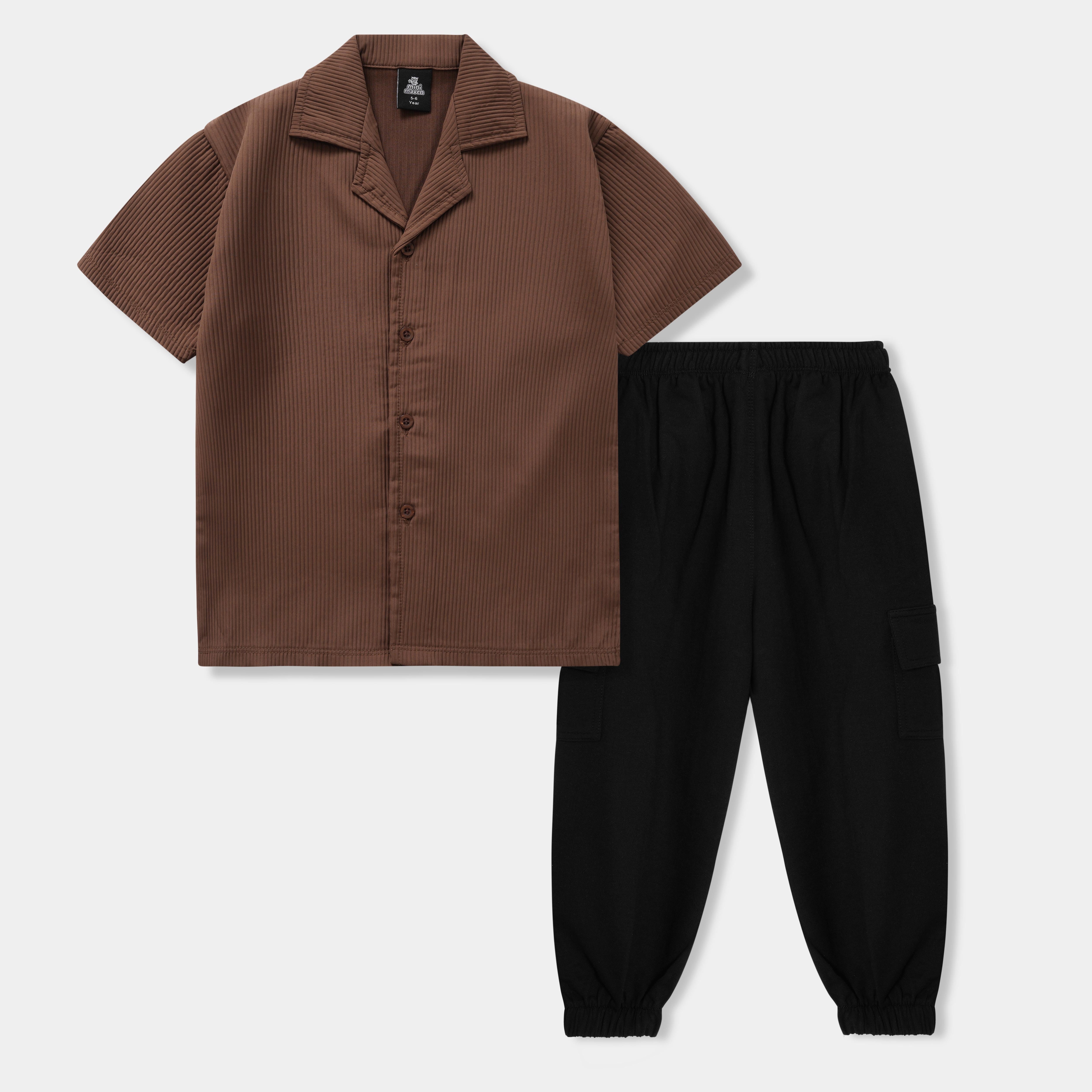 Kids cuban color shirt ( embose fabric) with terry black trouser