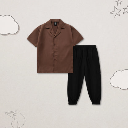 TEXTURED BROWN CUBAN SHIRT CO-ORD SET